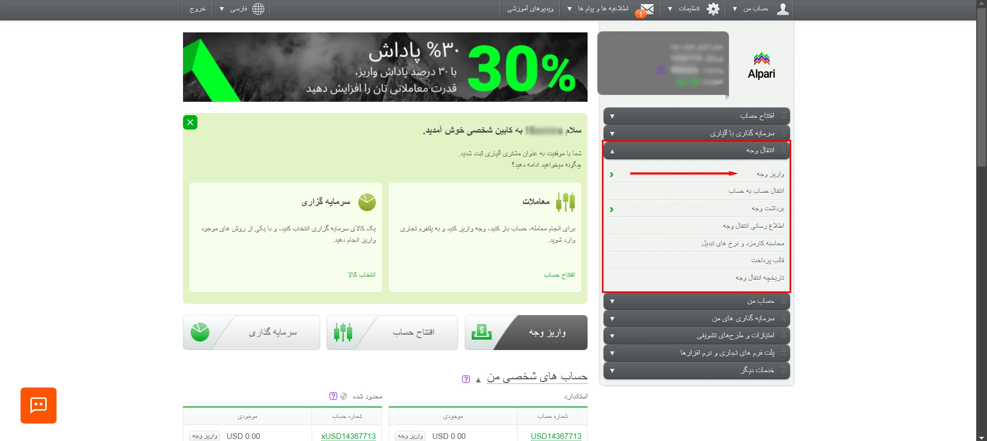 واریز وجه در بروکر آلپاری